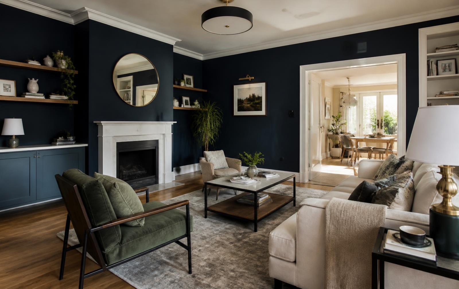 Renovated living room with deep navy walls, oak floor and warm lighting