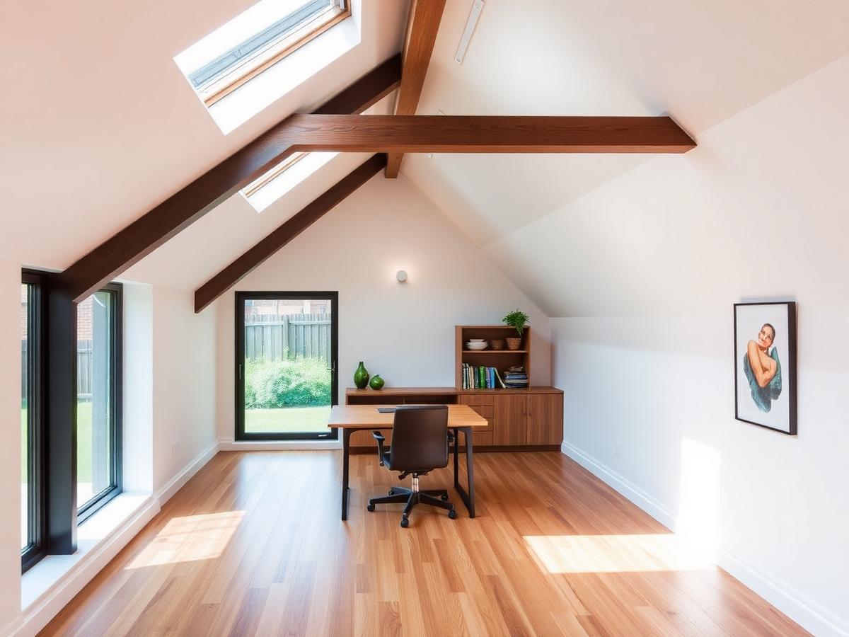 Converted attic home office with skylights, wooden beams and oak flooring