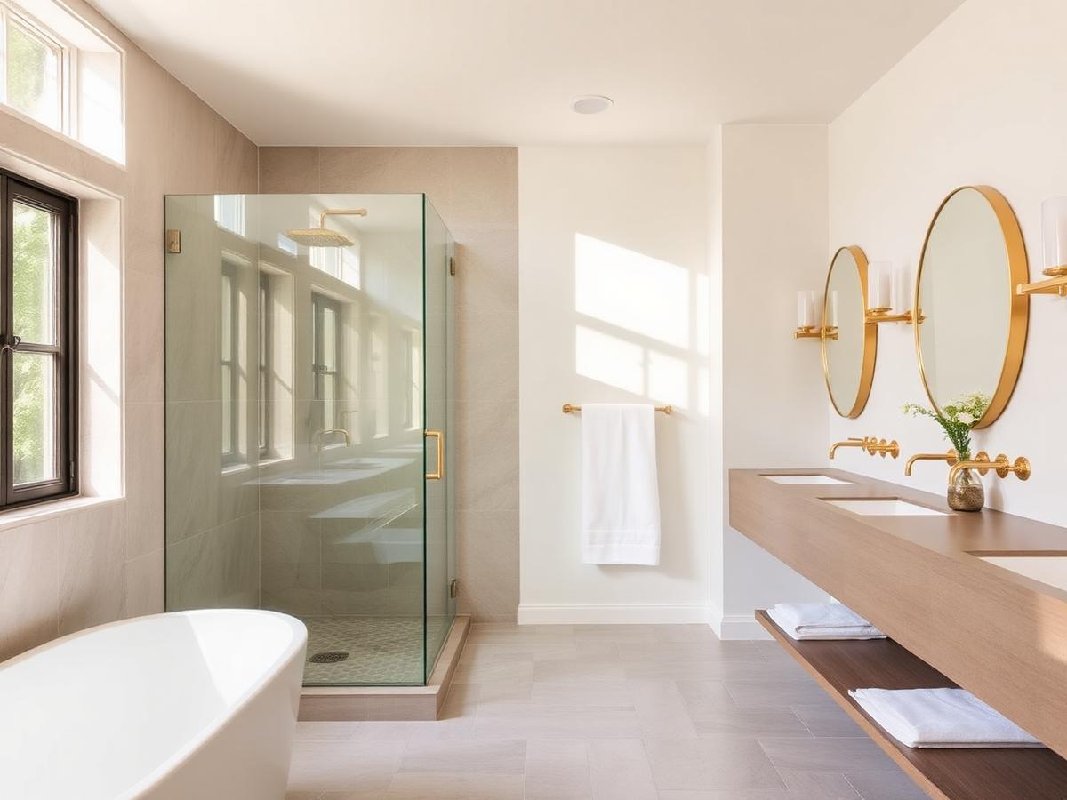 Modern bathroom with walk-in glass shower, freestanding bath and brass fixtures