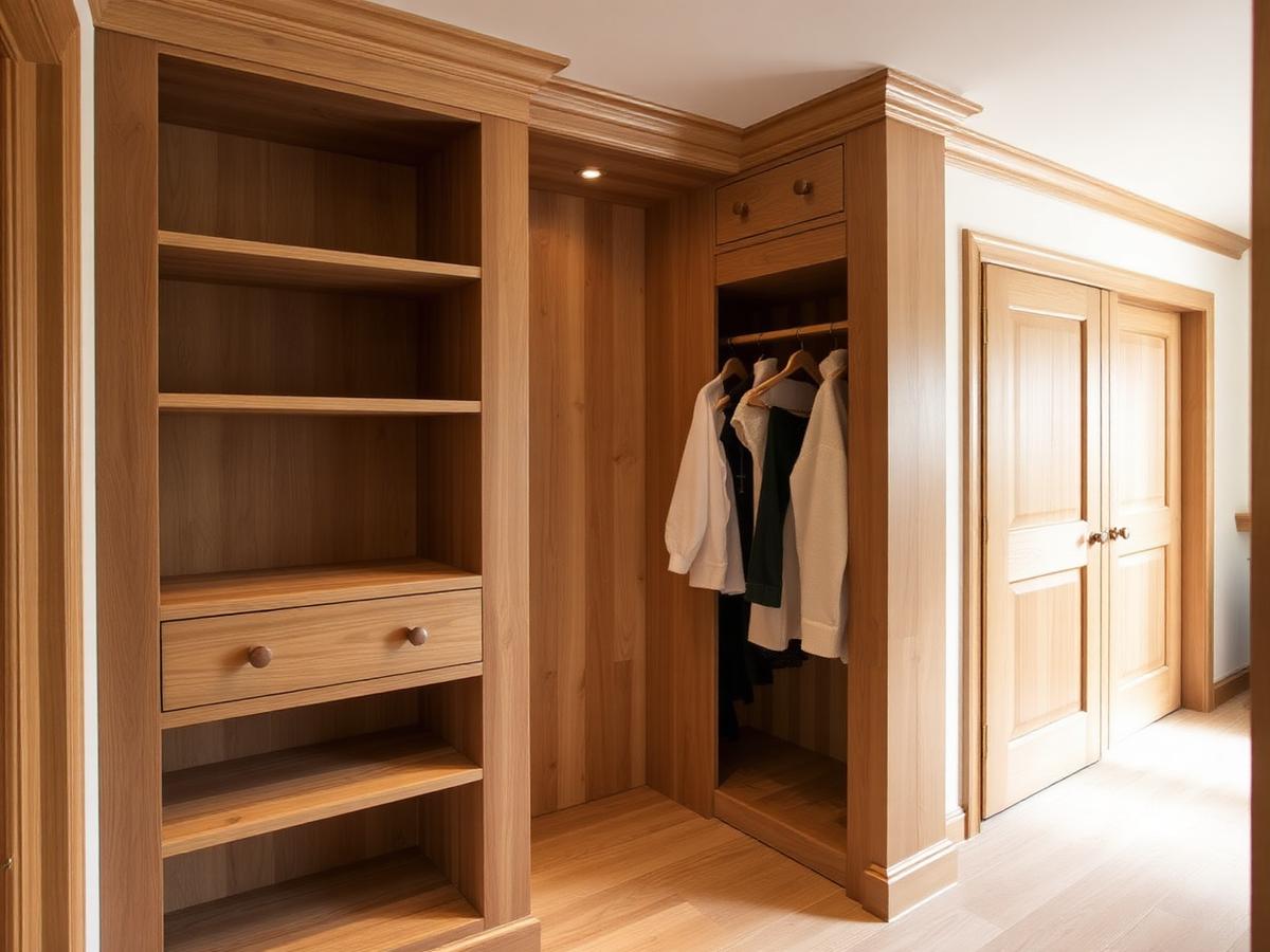 Custom oak built-in wardrobe and shelving in a hallway