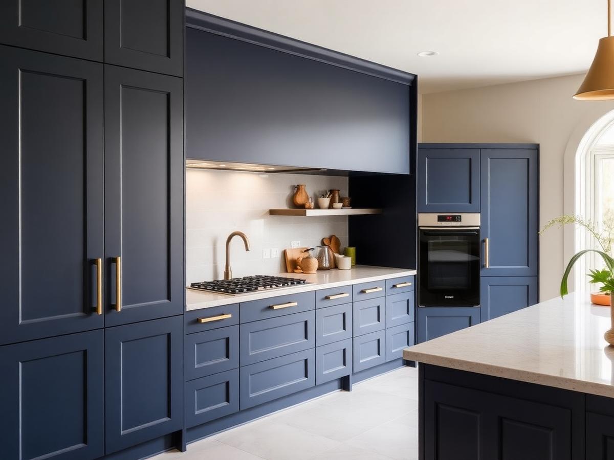 Renovated kitchen with deep navy cabinetry and brass handles