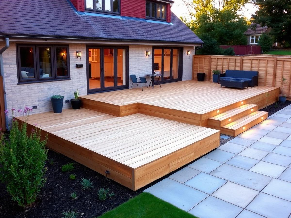 New wooden garden deck with lit steps and stone paving behind a house