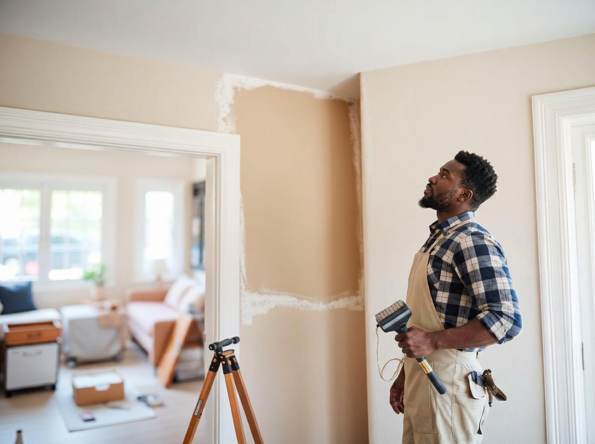 Craftsman preparing and painting an interior wall in a bright home